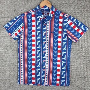 Retro Rifle Independence Mens Sz M Patriotic Button Up Shirt Blue Red White Guns